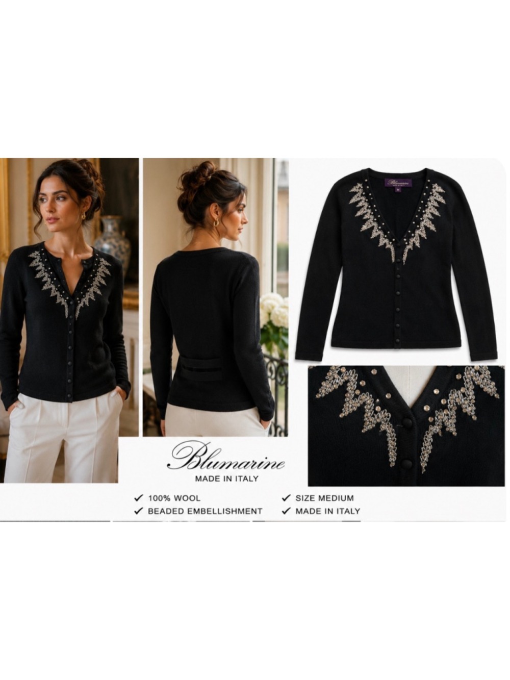 Blumarine Beaded Cardigan Sweater Black Size 42/6 Wool Italian Luxury New